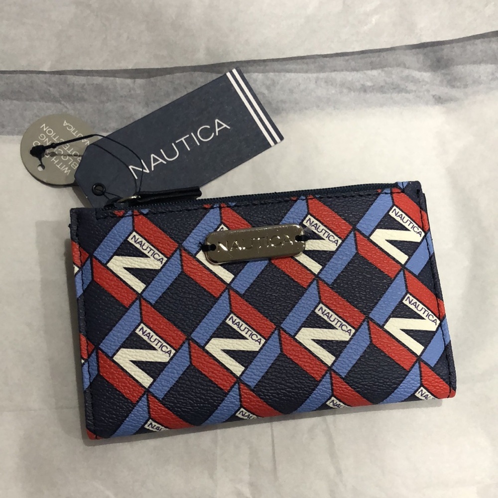 Nautica red white and blue RFID blocking protection slim zippered wallet new